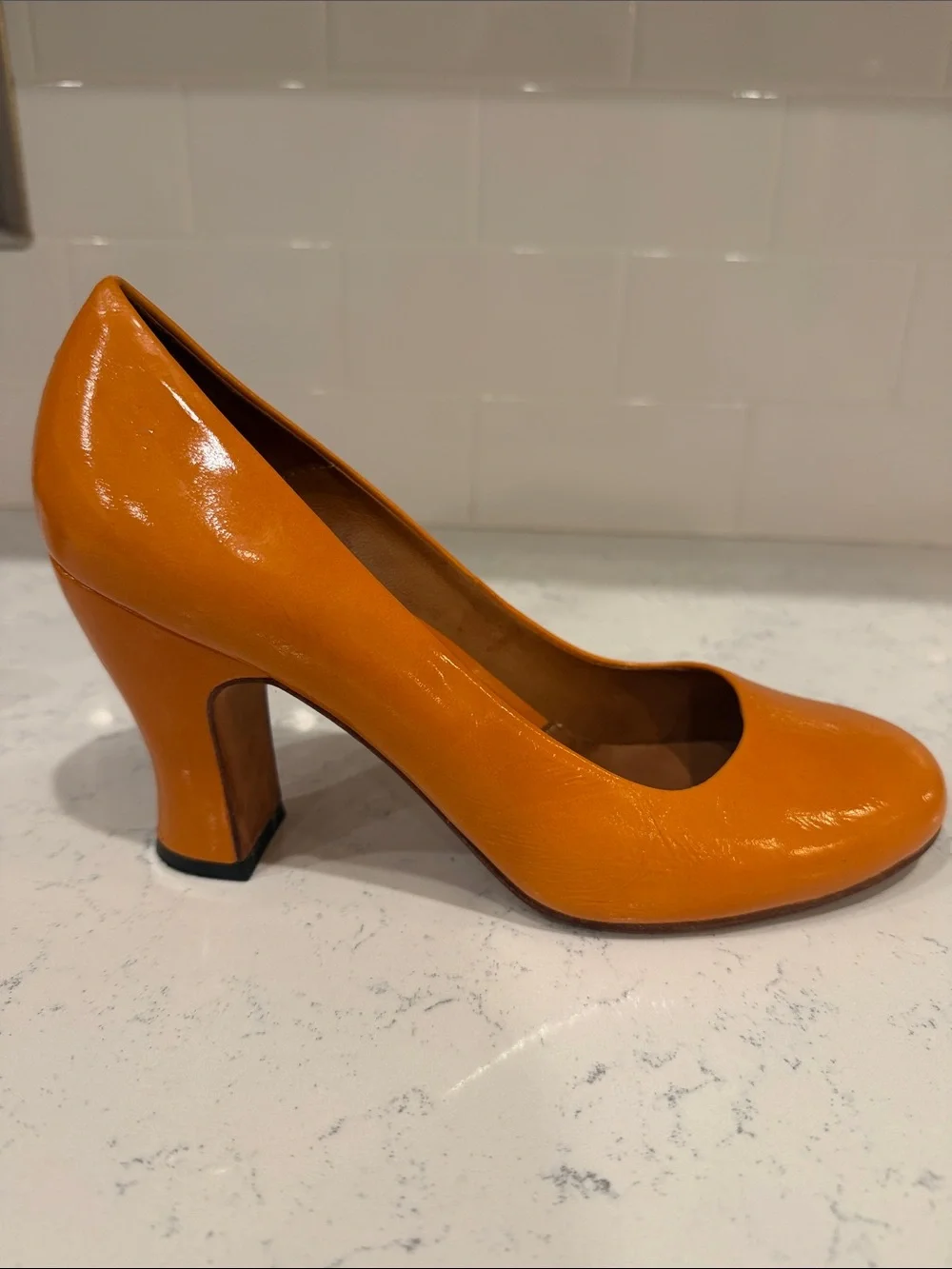 John Fluevog Patent Orange Round-Toe Block Heel Pumps Size 8.5 Dopamine Dressing